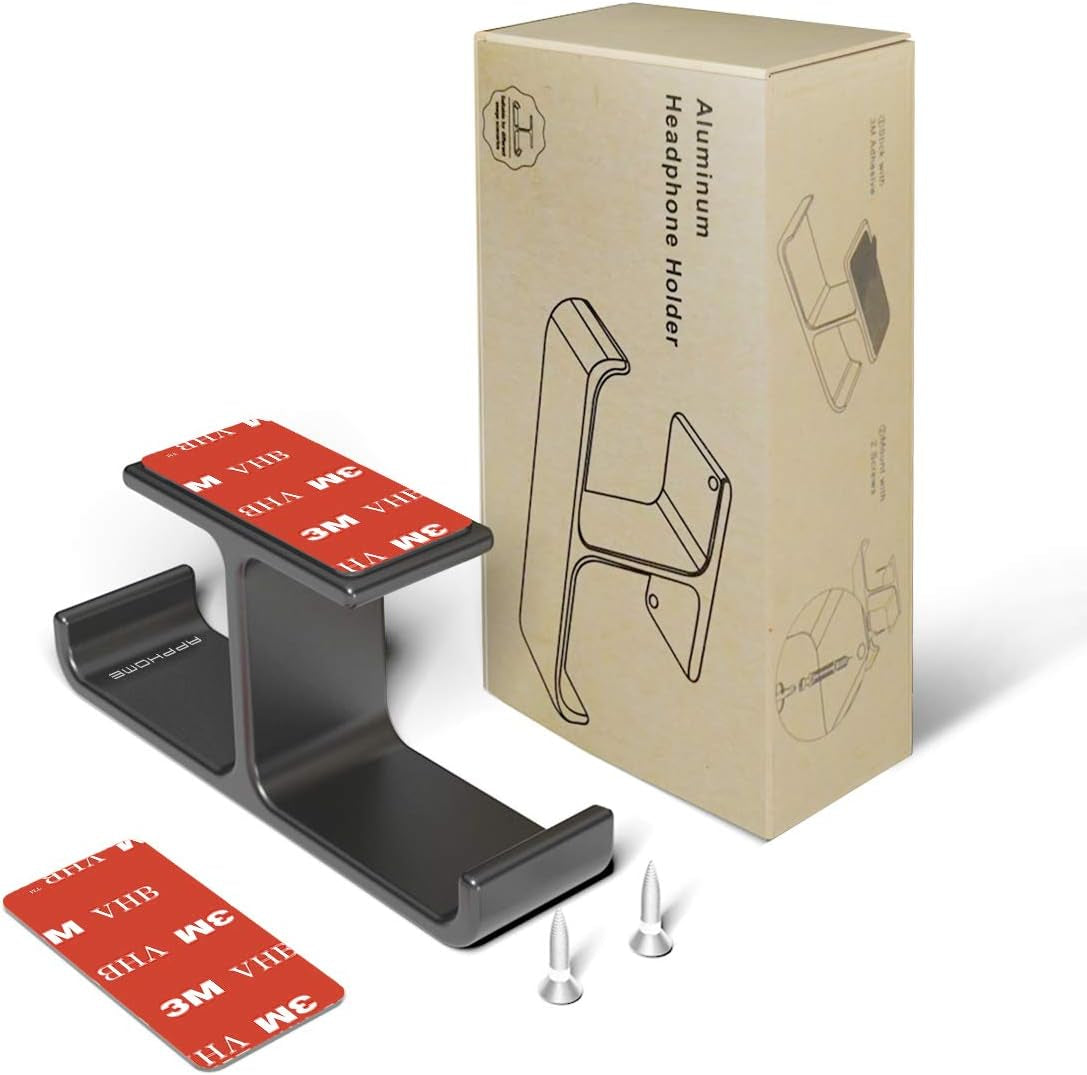 Headphone Headset Holder, Headphones Stand Hanger Hook Aluminum Stick-On Adhesive under Desk Dual Headsets Holder Mount Gaming Accessories for All Headphones, Black