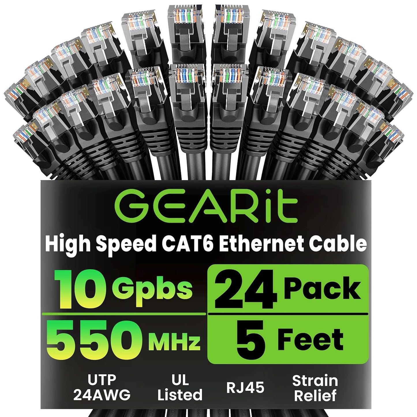 Cat 6 Ethernet Cable 5 Ft (24-Pack) - Cat6 Patch Cable, Cat 6 Patch Cable, Cat6 Cable, Cat 6 Cable, Cat6 Ethernet Cable, Network Cable, Internet Cable - Black 5 Feet