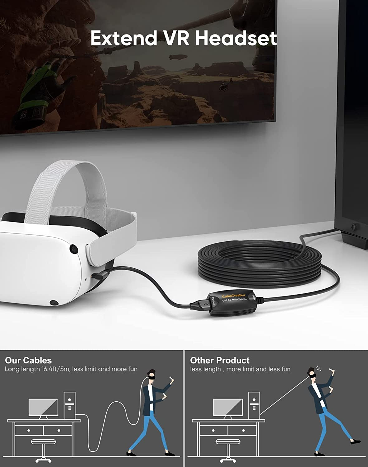 Active USB Extension Cable (Long 16.4 FT), USB 3.0 Extender Male to Female Cord with Signal Booster Compatible Oculus Rift Sensor, Oculus Quest/Quest 2 VR, Xbox One, Etc. 5 Meters