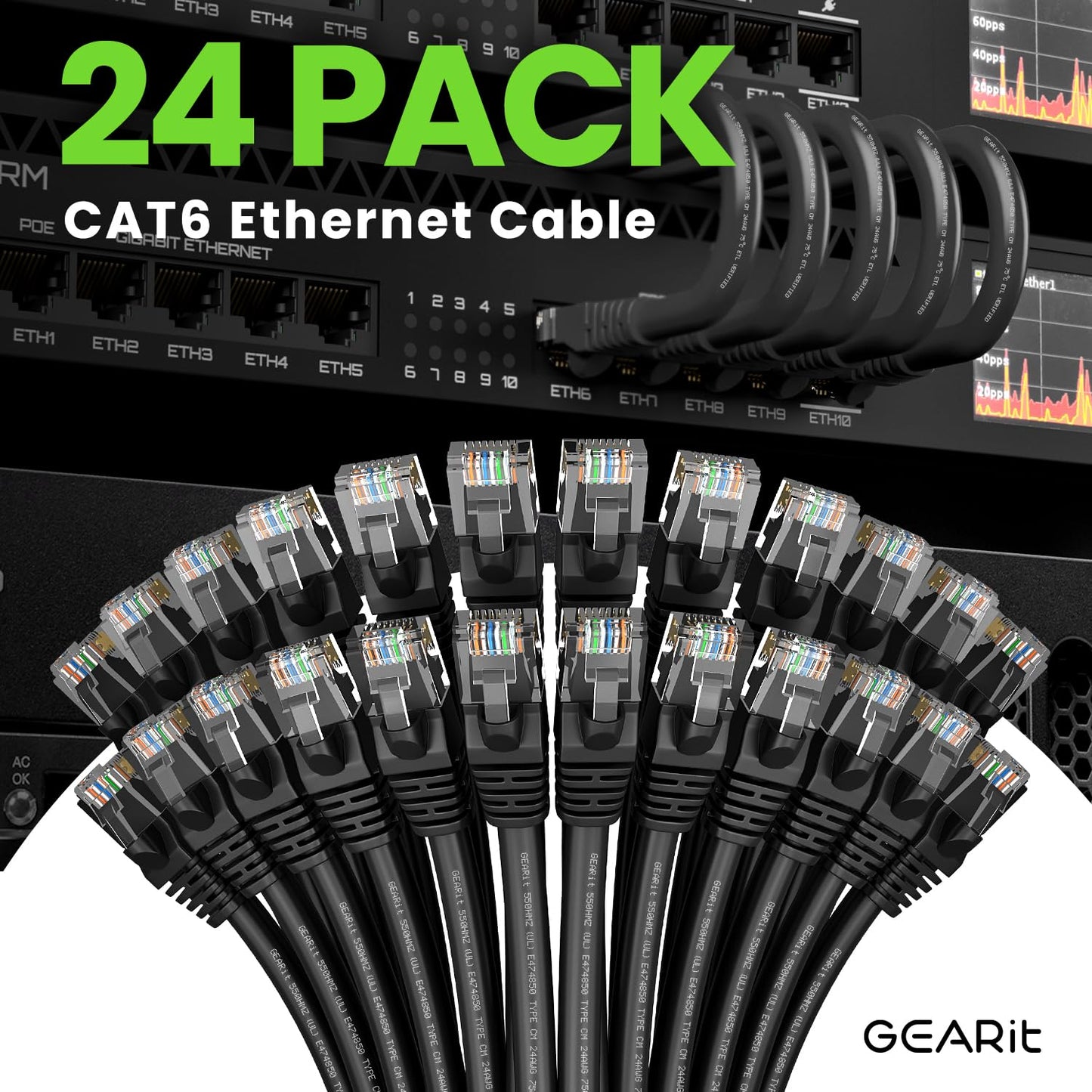 Cat 6 Ethernet Cable 5 Ft (24-Pack) - Cat6 Patch Cable, Cat 6 Patch Cable, Cat6 Cable, Cat 6 Cable, Cat6 Ethernet Cable, Network Cable, Internet Cable - Black 5 Feet